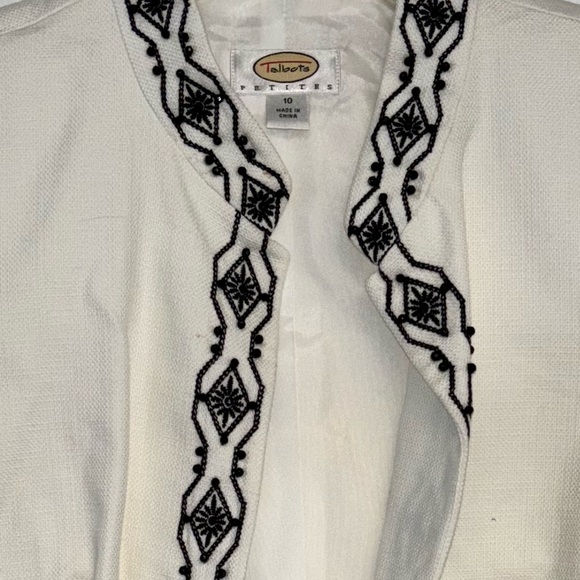 Talbots embellished white jacket 10 petites Open front Black trim cotton Blazer - Picture 7 of 8